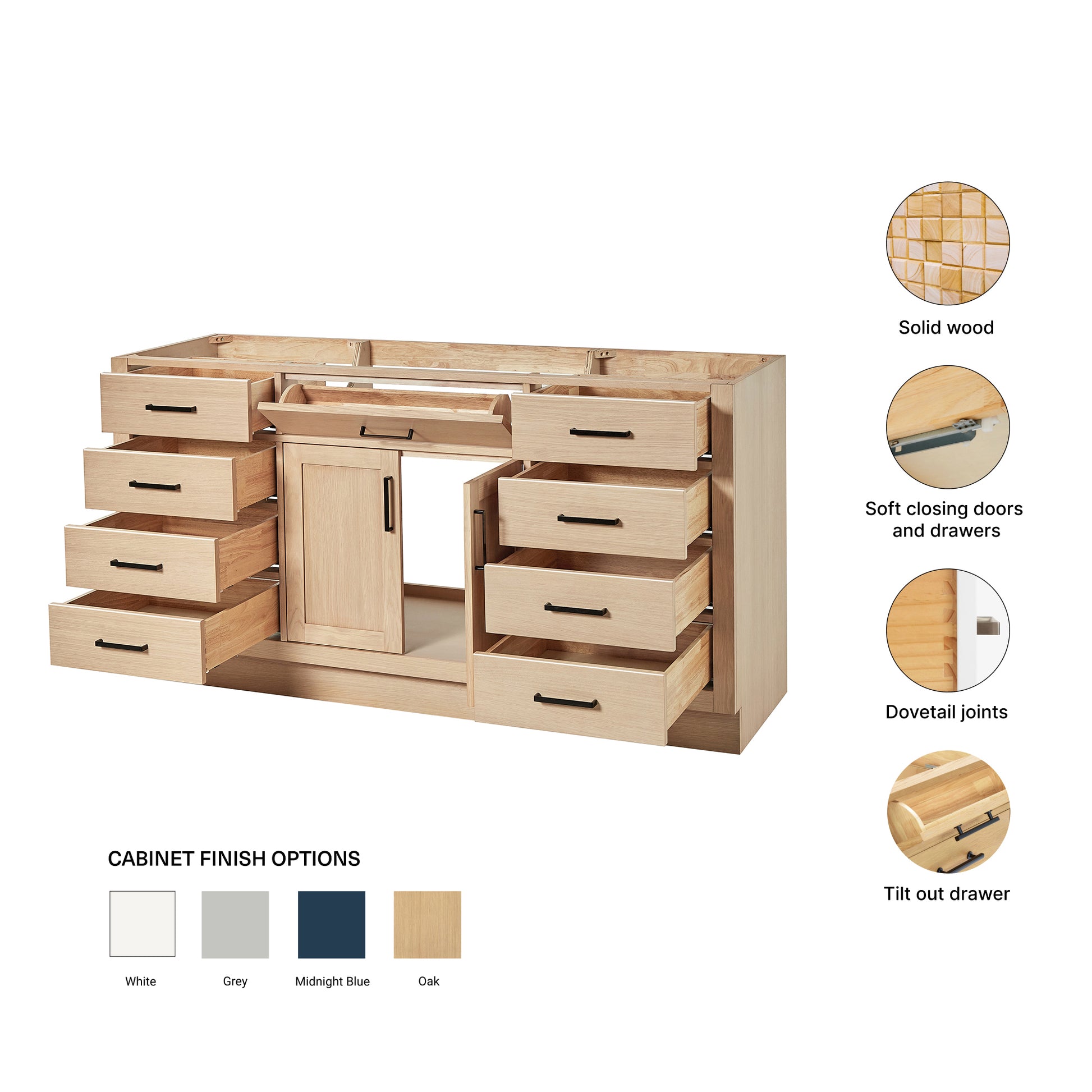 Isabella 66-inch Natural Oak base cabinet on feature highlights: solid wood frame, soft-close doors and drawers, Sherwin-Williams paint finish