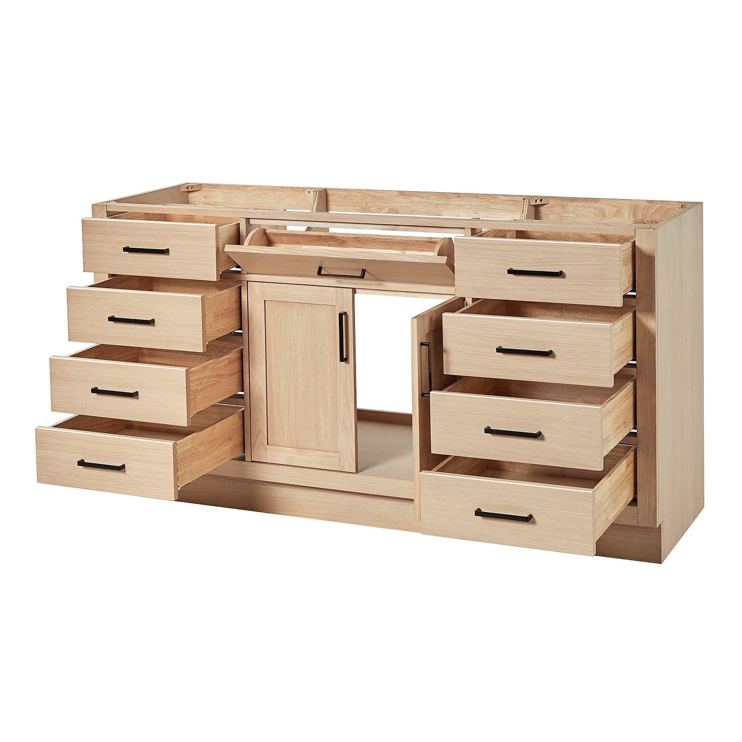 Isabella 66-inch Natural Oak base cabinet on white back ground side view open door