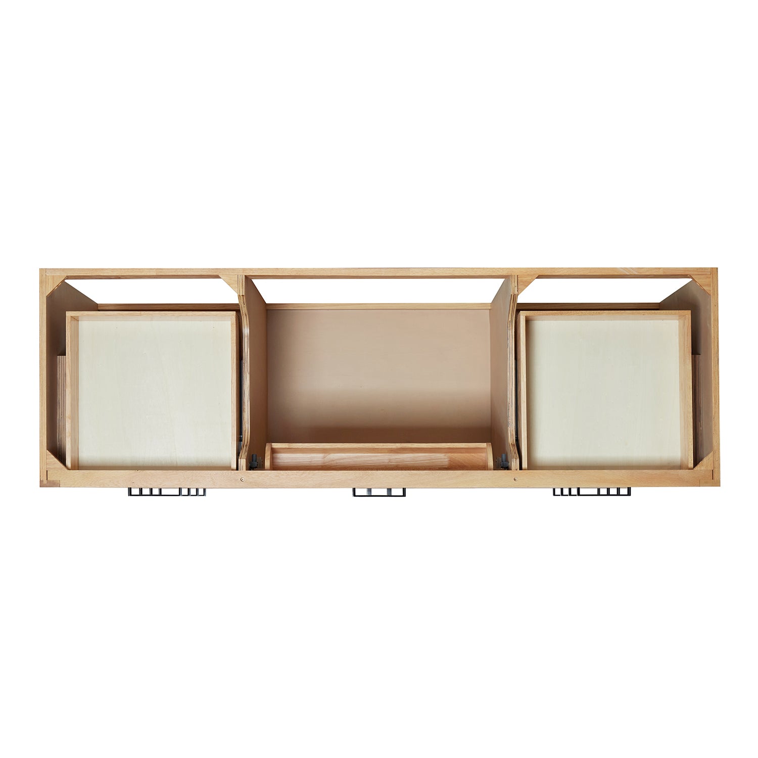 Isabella 66-inch Natural Oak base cabinet on white back ground front view open door
