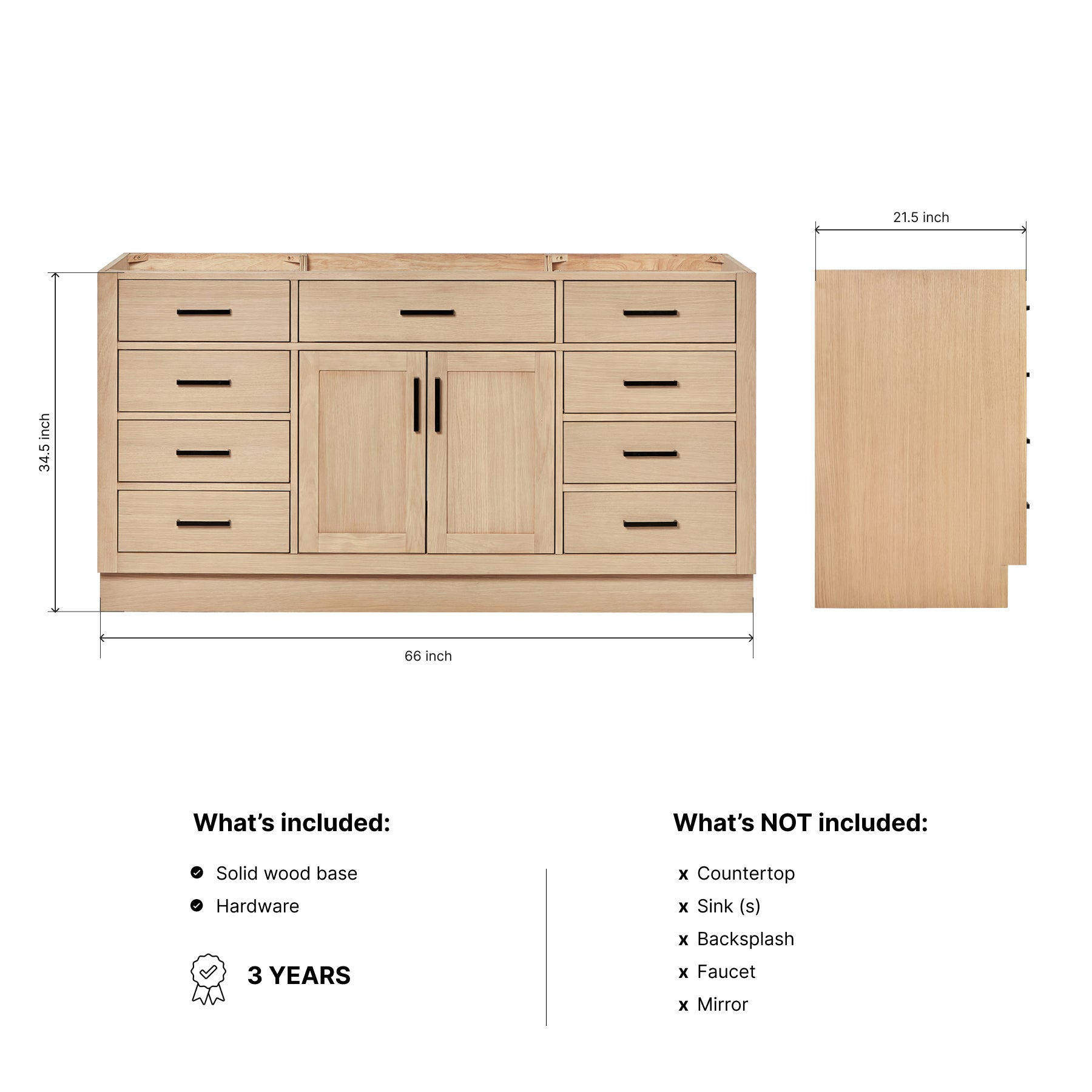 Isabella 66-inch Natural Oak base cabinet on dimensions