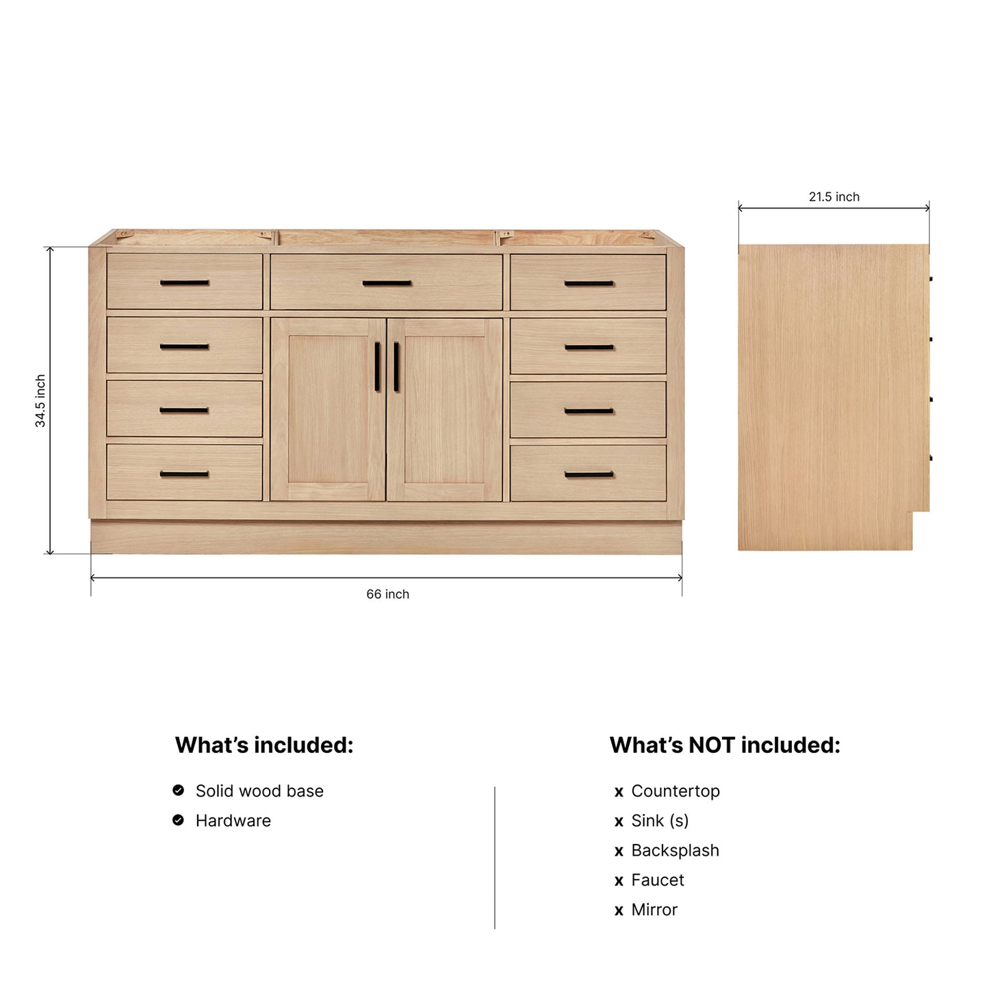 Isabella 66-inch Natural Oak base cabinet on dimensions