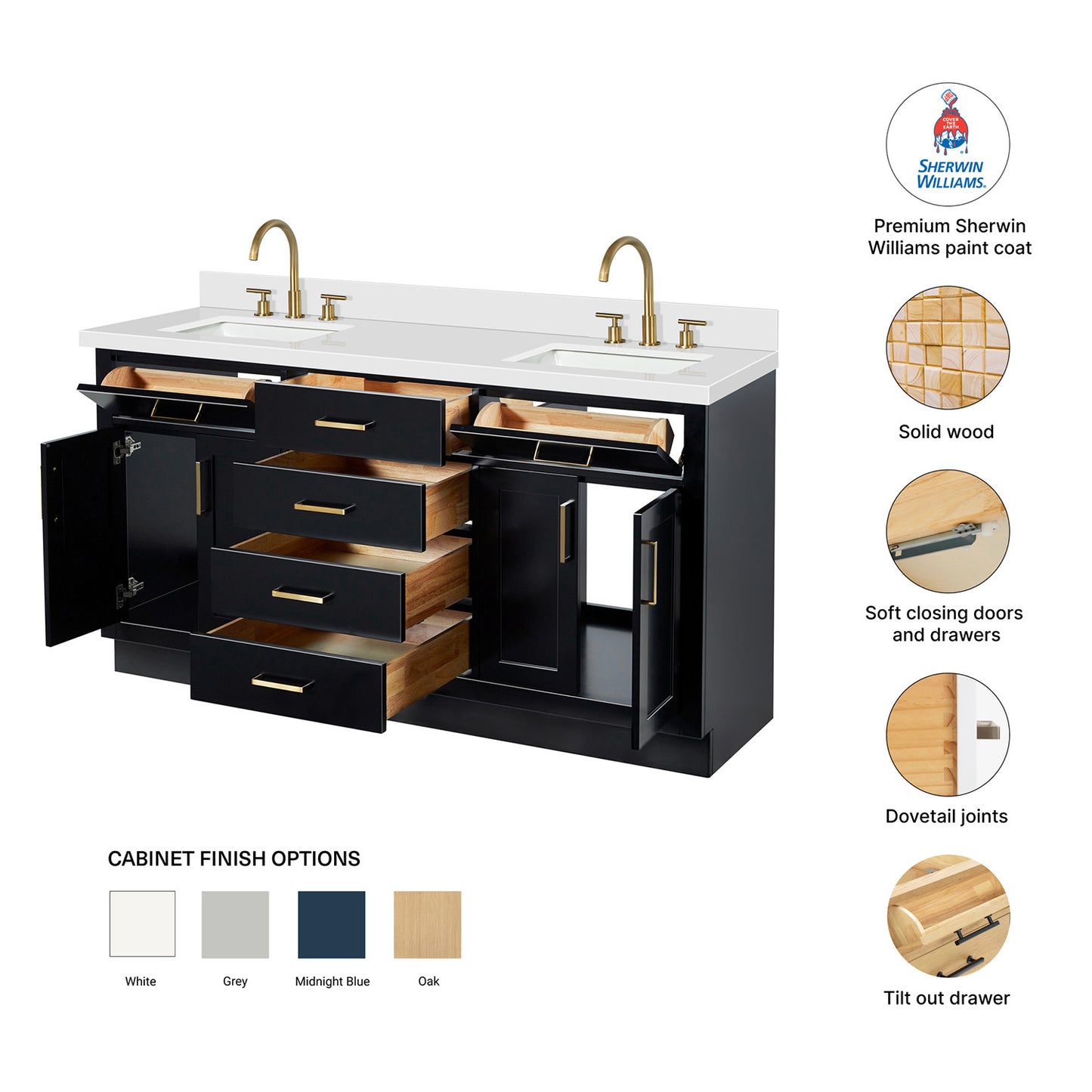 Isabella 66-Inch Black bathroom vanity – feature highlights: solid wood frame, soft-close doors and drawers, Sherwin-Williams paint finish