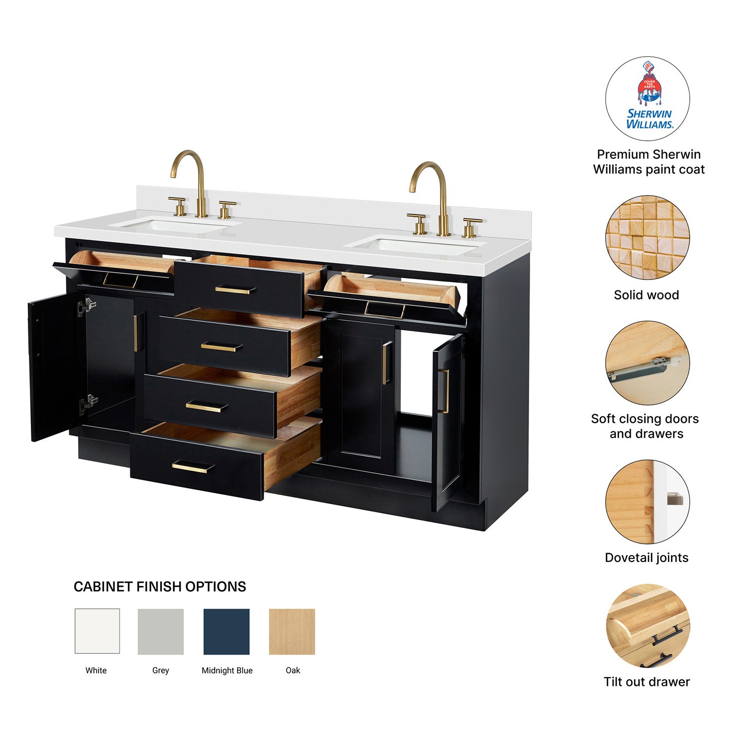 Isabella 66-Inch Black bathroom vanity – feature highlights: solid wood frame, soft-close doors and drawers, Sherwin-Williams paint finish