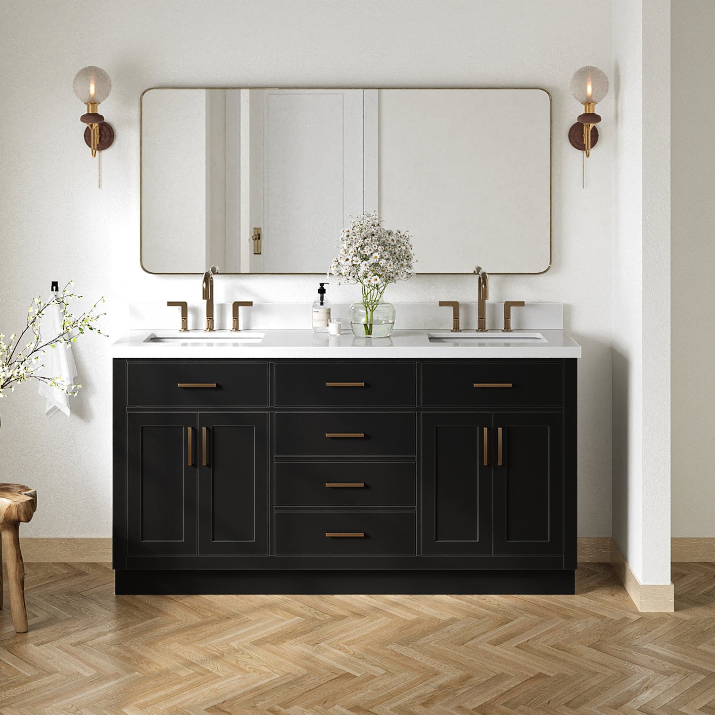 Isabella 66-Inch Black bathroom vanity in styled bathroom setting