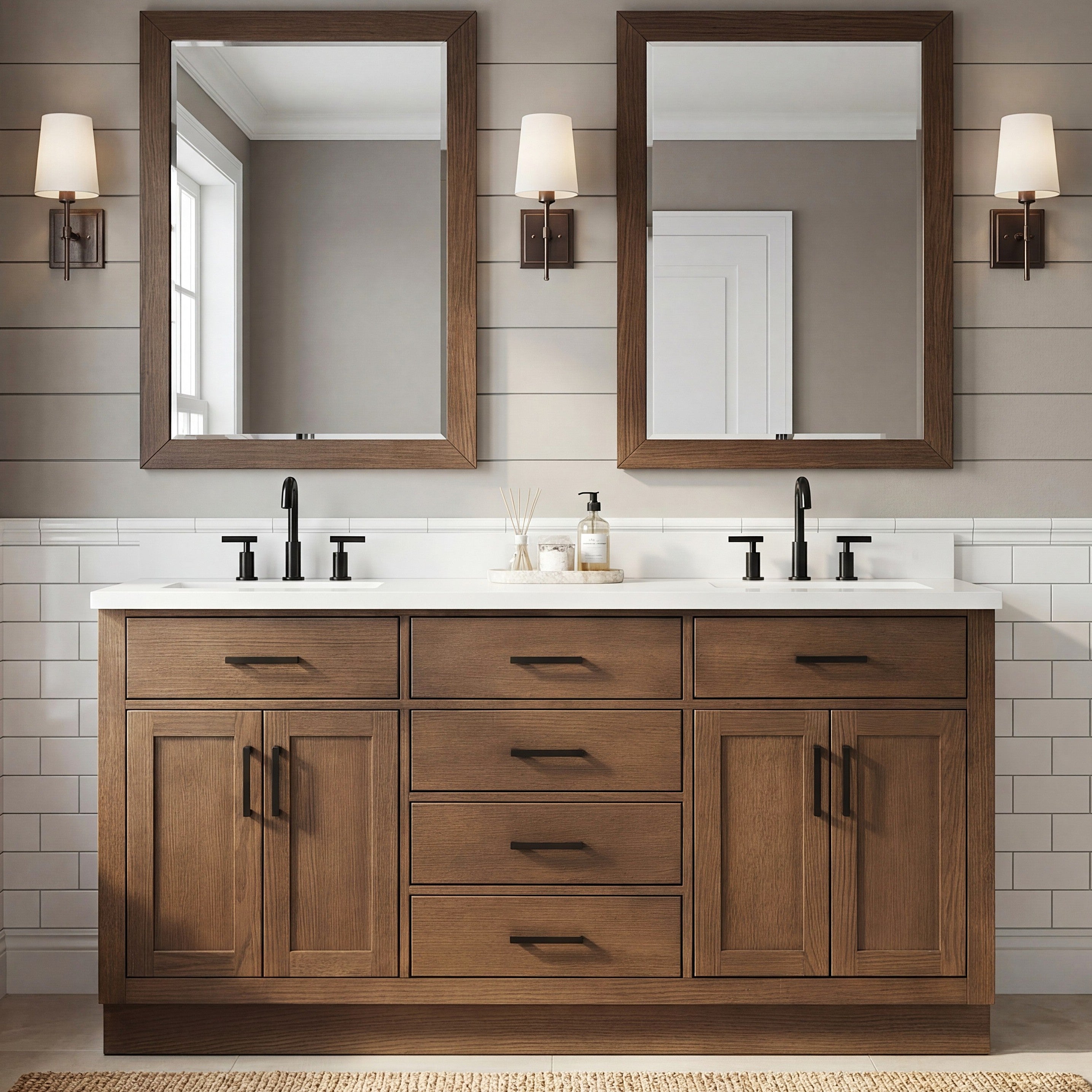 Isabella 66-Inch Brown Oak bathroom vanity in styled bathroom setting
