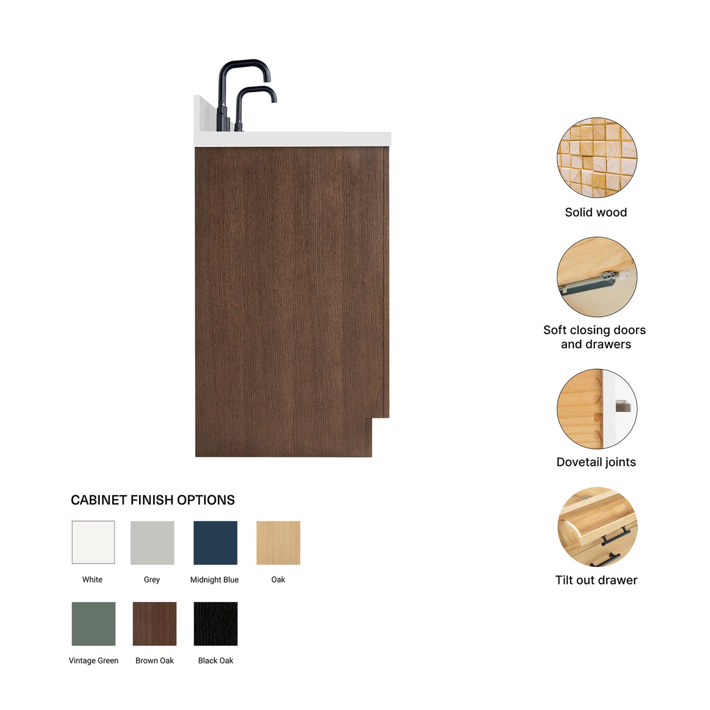 Isabella 66-Inch Brown Oak bathroom vanity – feature highlights: solid wood frame, soft-close doors and drawers, Sherwin-Williams paint finish