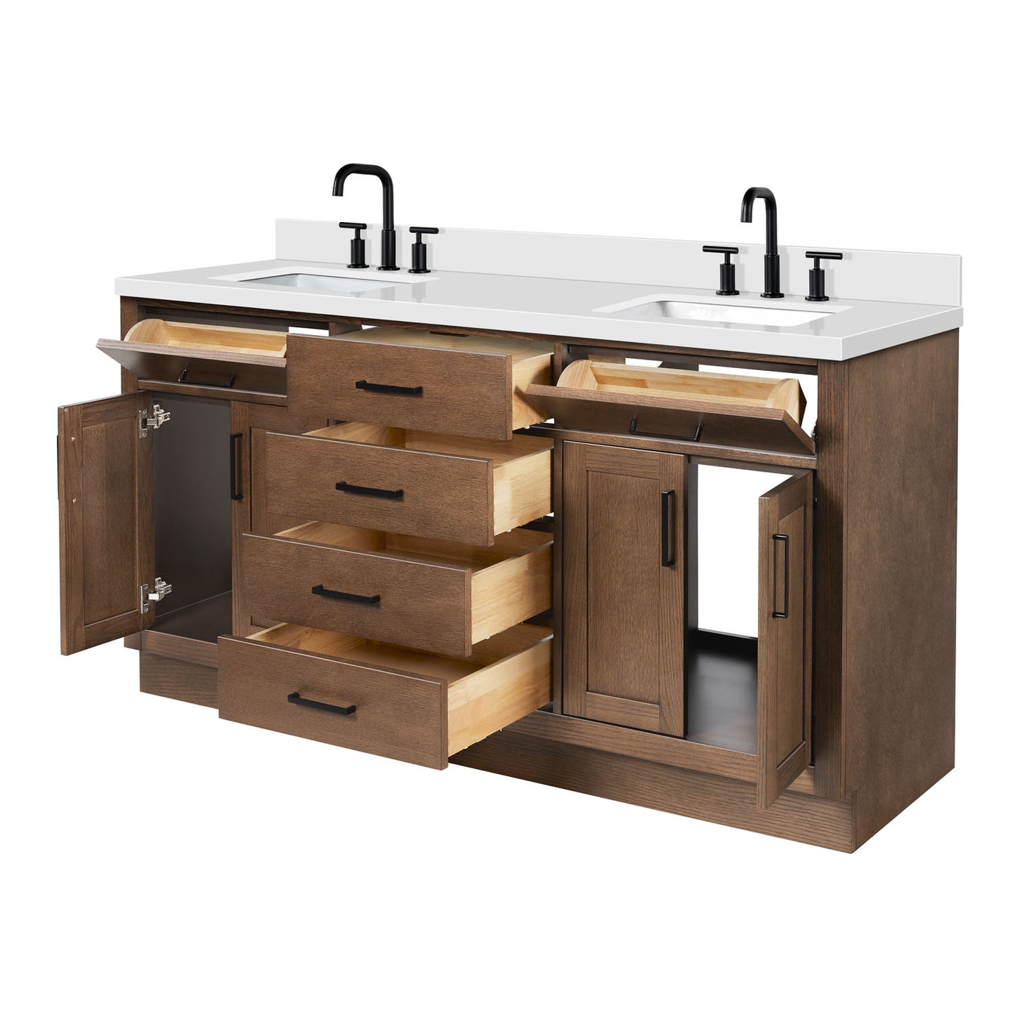 Isabella 66-Inch Brown Oak bathroom vanity on white background – product photo 6