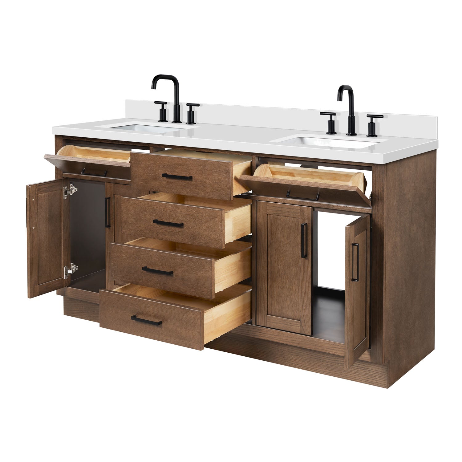 Isabella 66-Inch Brown Oak bathroom vanity on white background – product photo 6