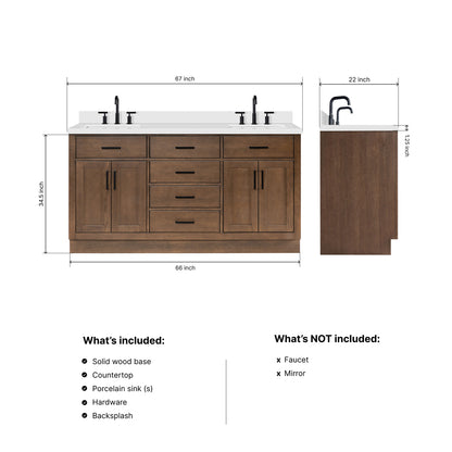 Isabella 66-Inch Brown Oak bathroom vanity dimensions