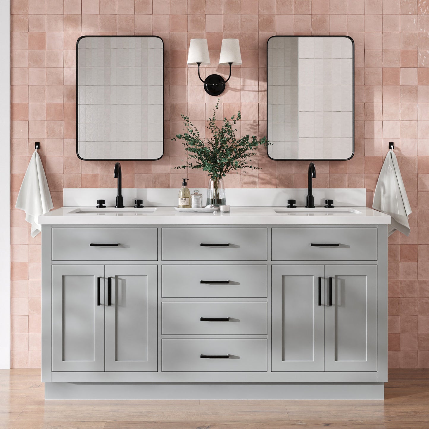 Isabella 66-Inch Grey bathroom vanity in styled bathroom setting
