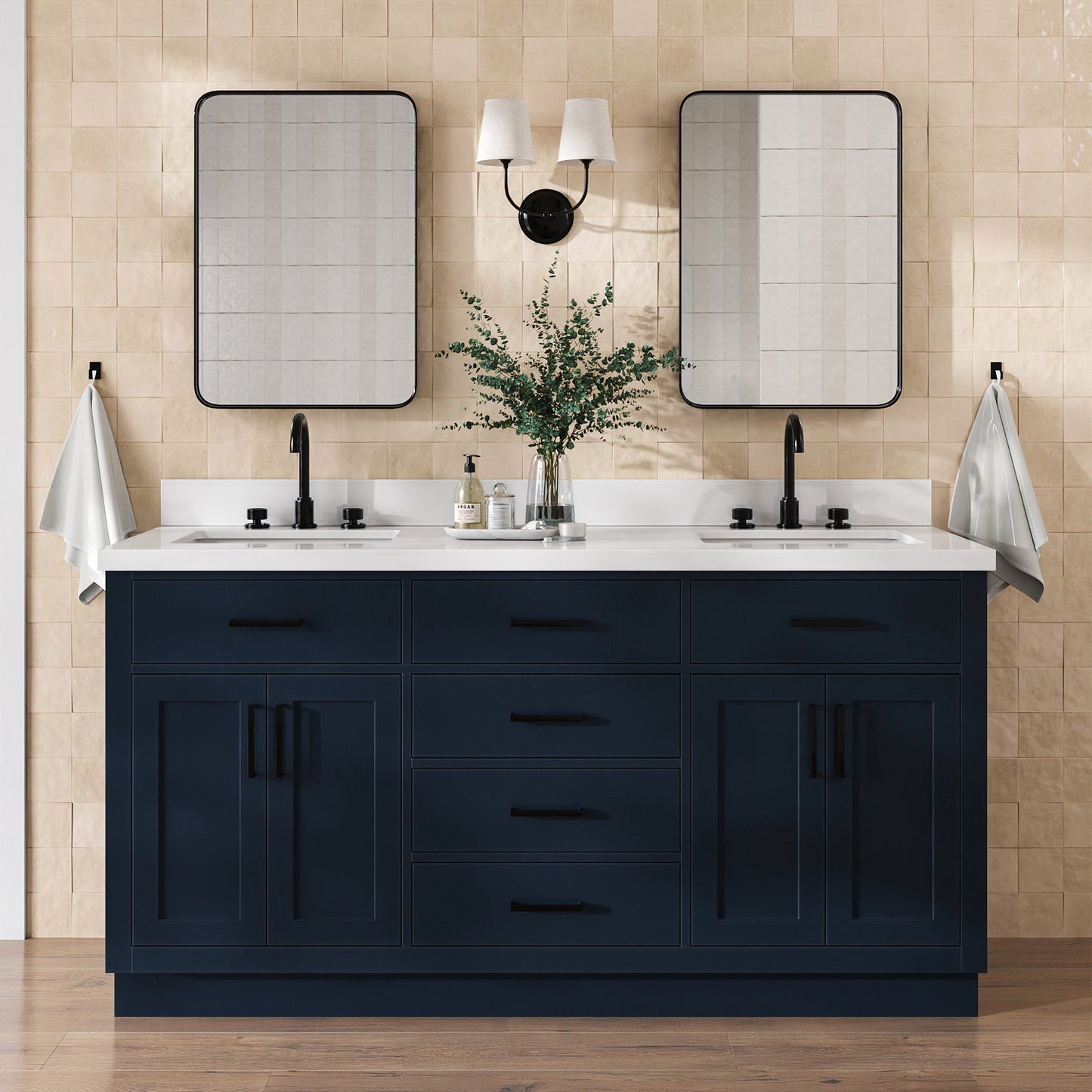 Isabella 66-Inch Midnight Blue bathroom vanity in styled bathroom setting