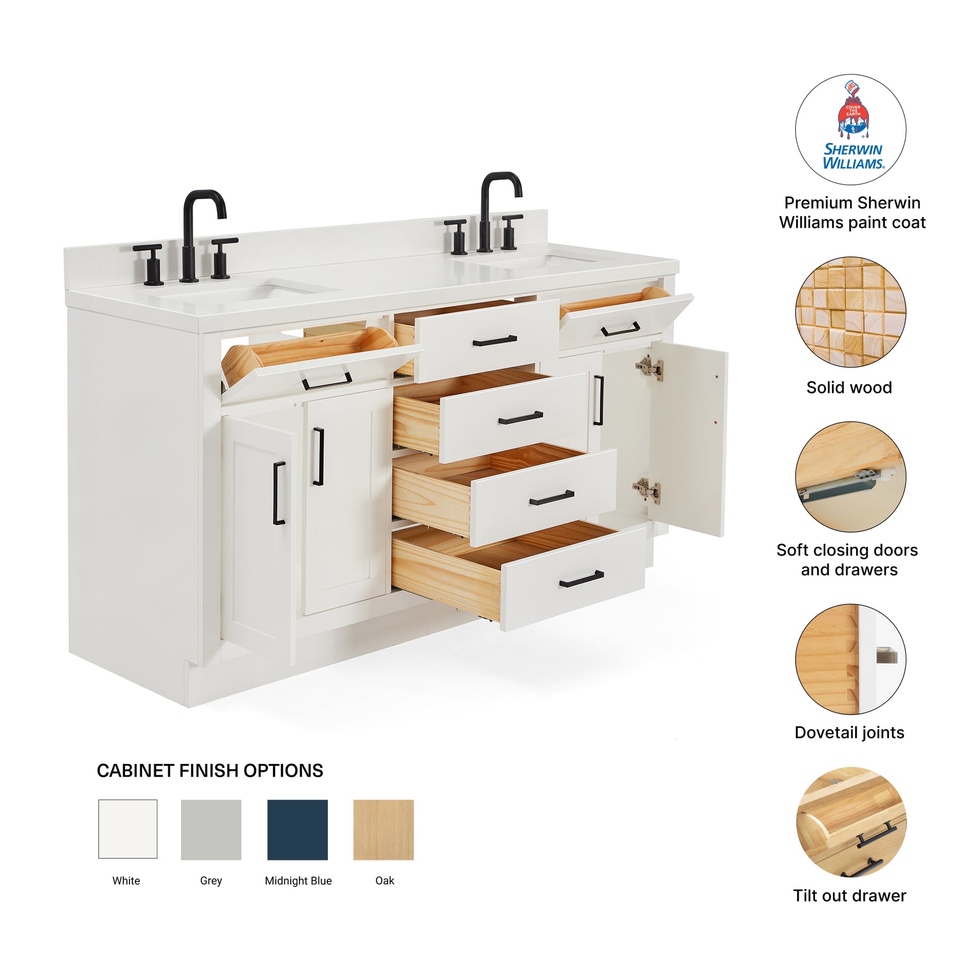 Isabella 66-Inch White bathroom vanity – feature highlights: solid wood frame, soft-close doors and drawers, Sherwin-Williams paint finish