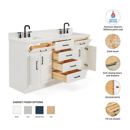 Isabella 66-Inch White bathroom vanity – feature highlights: solid wood frame, soft-close doors and drawers, Sherwin-Williams paint finish