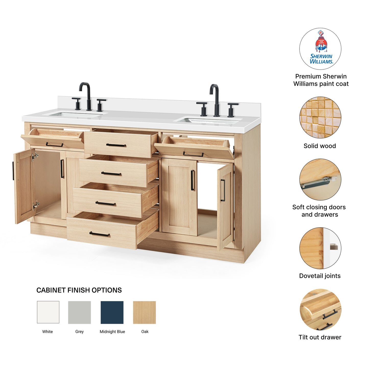 Isabella 66-Inch White Oak bathroom vanity – feature highlights: solid wood frame, soft-close doors and drawers, Sherwin-Williams paint finish