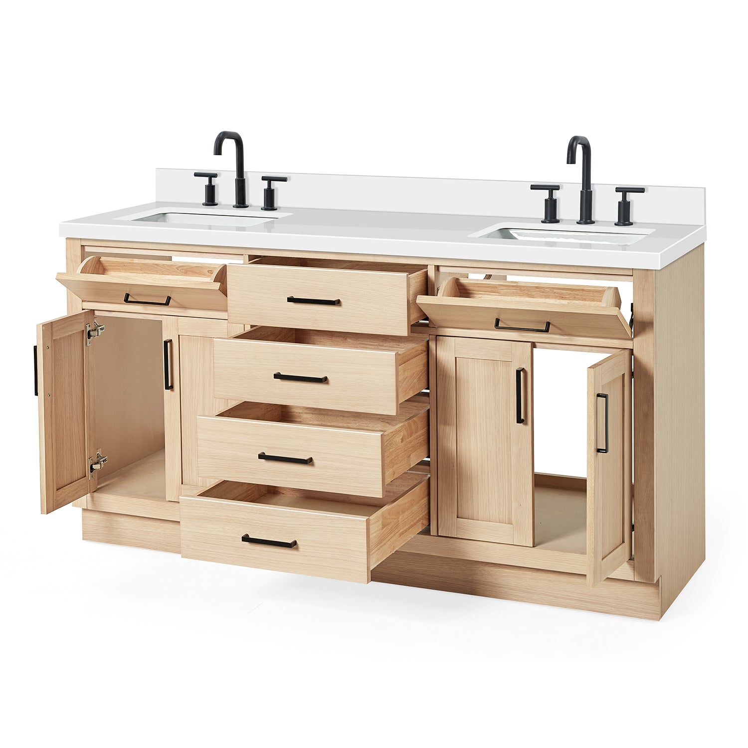Isabella 66-Inch White Oak bathroom vanity on white background – product photo 1
