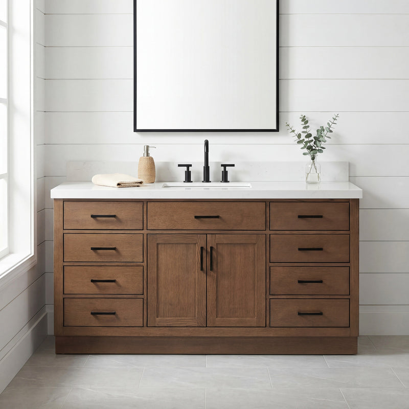 Isabella 66-Inch Brown Oak bathroom vanity in styled bathroom setting