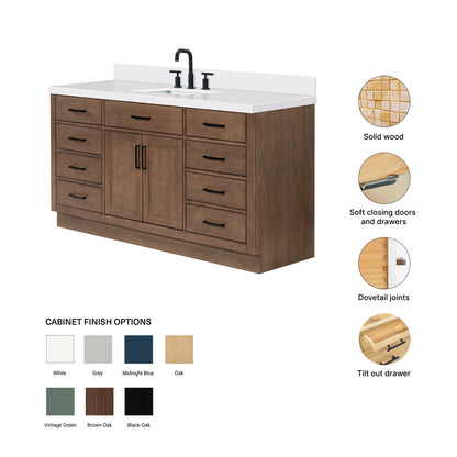 Isabella 66-Inch Brown Oak bathroom vanity – feature highlights: solid wood frame, soft-close doors and drawers, Sherwin-Williams paint finish