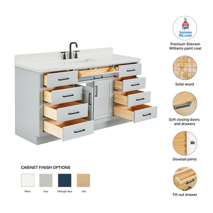 Isabella 66-Inch Grey bathroom vanity – feature highlights: solid wood frame, soft-close doors and drawers, Sherwin-Williams paint finish