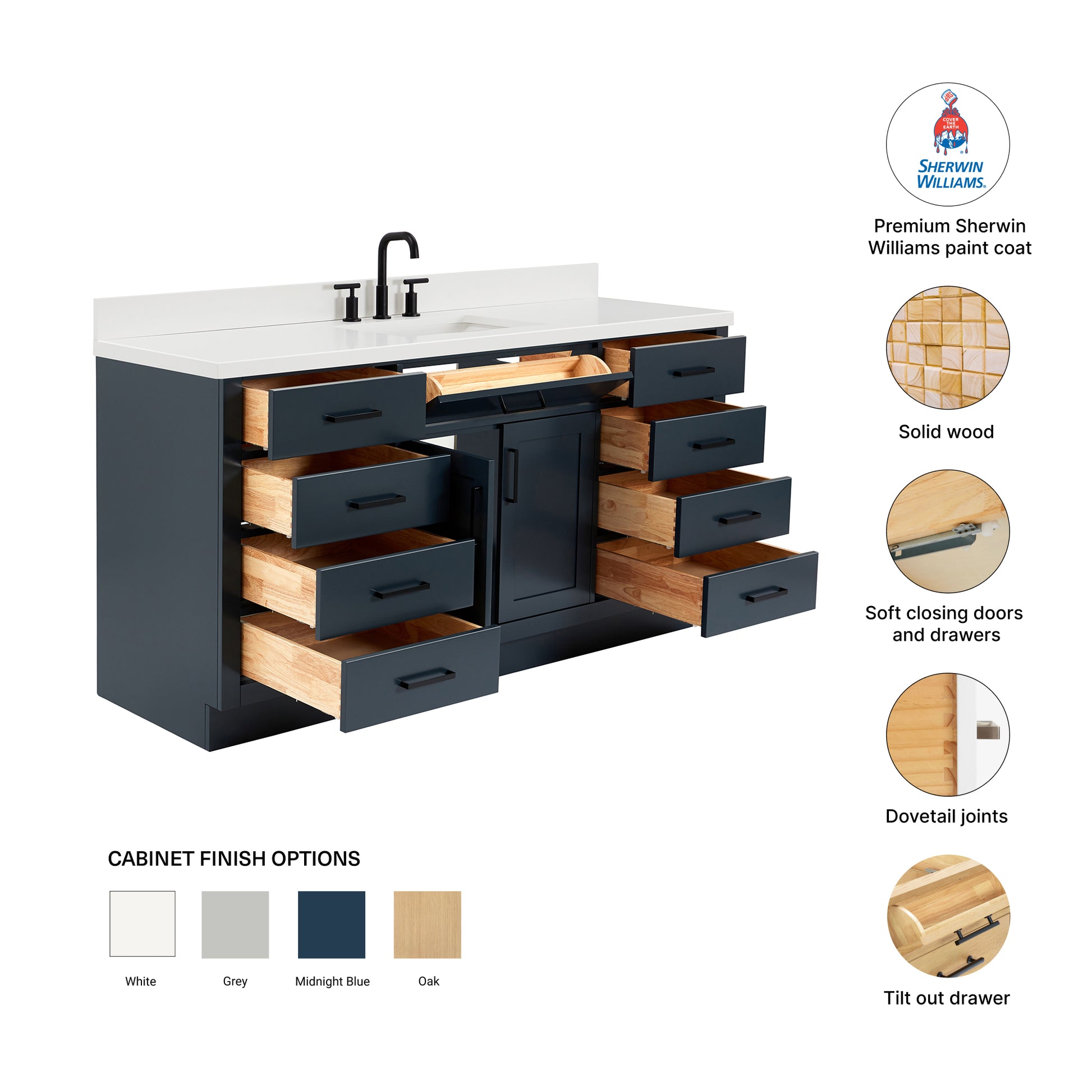 Isabella 66-Inch Midnight Blue bathroom vanity – feature highlights: solid wood frame, soft-close doors and drawers, Sherwin-Williams paint finish