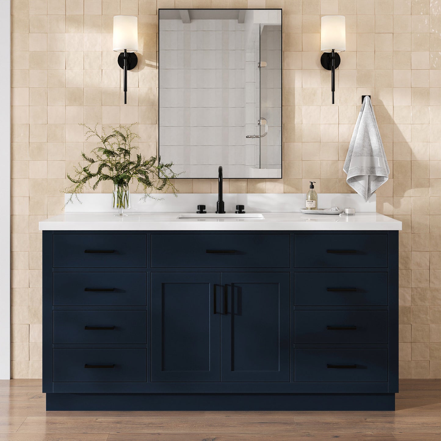 Isabella 66-Inch Midnight Blue bathroom vanity in styled bathroom setting