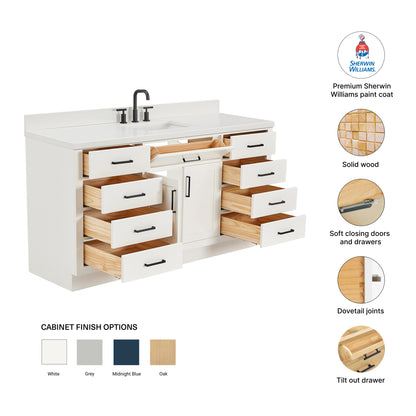 Isabella 66-Inch White bathroom vanity – feature highlights: solid wood frame, soft-close doors and drawers, Sherwin-Williams paint finish