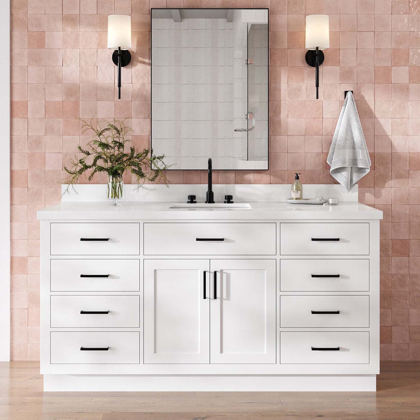Isabella 66-Inch White bathroom vanity in styled bathroom setting