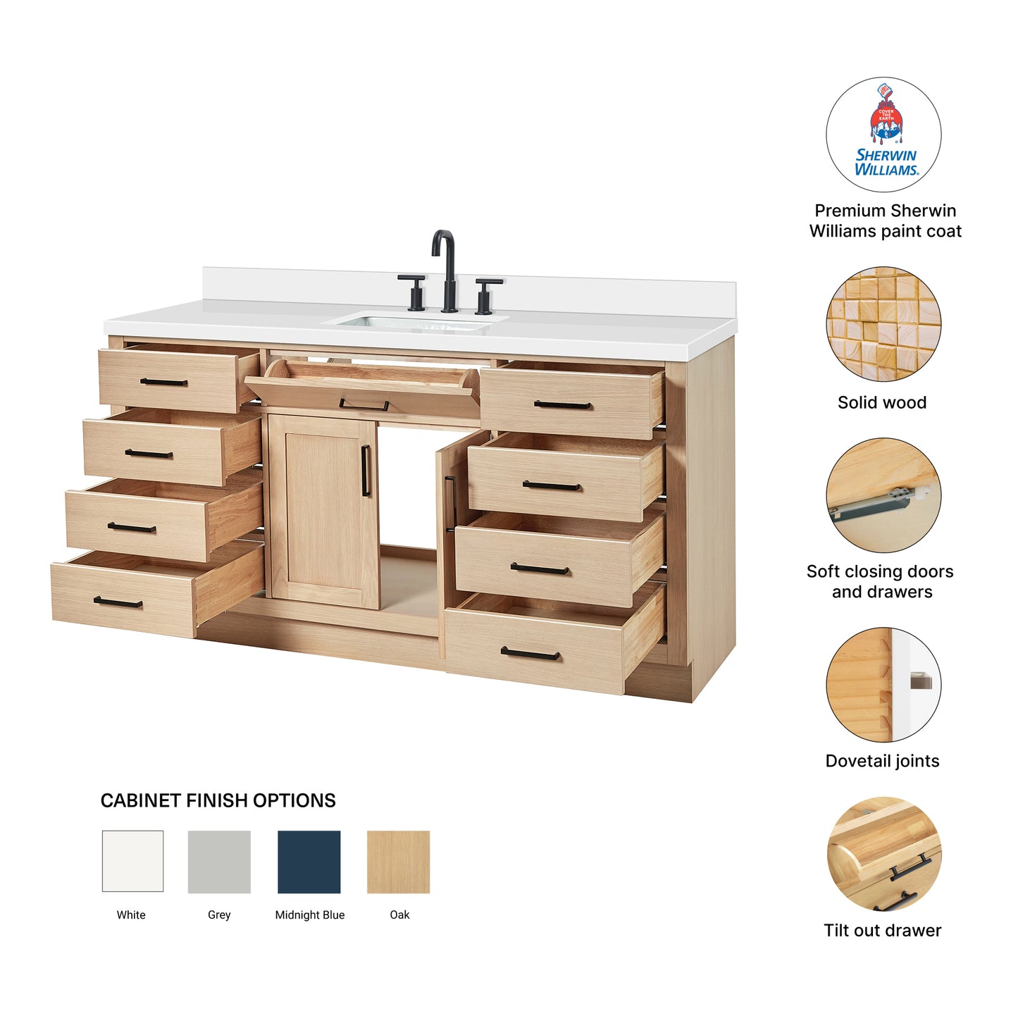 Isabella 66-Inch White Oak bathroom vanity – feature highlights: solid wood frame, soft-close doors and drawers, Sherwin-Williams paint finish