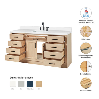 Isabella 66-Inch White Oak bathroom vanity – feature highlights: solid wood frame, soft-close doors and drawers, Sherwin-Williams paint finish