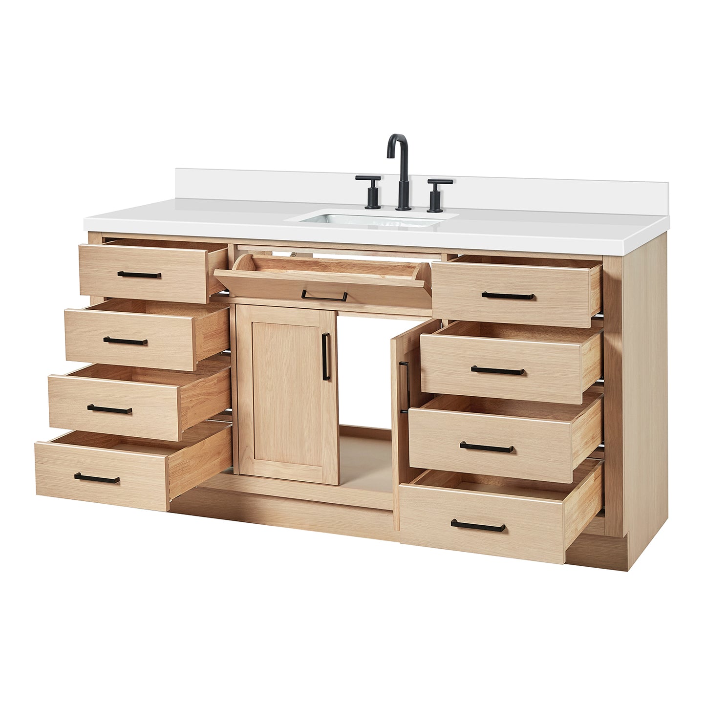 Isabella 66-Inch White Oak bathroom vanity on white background – product photo 1