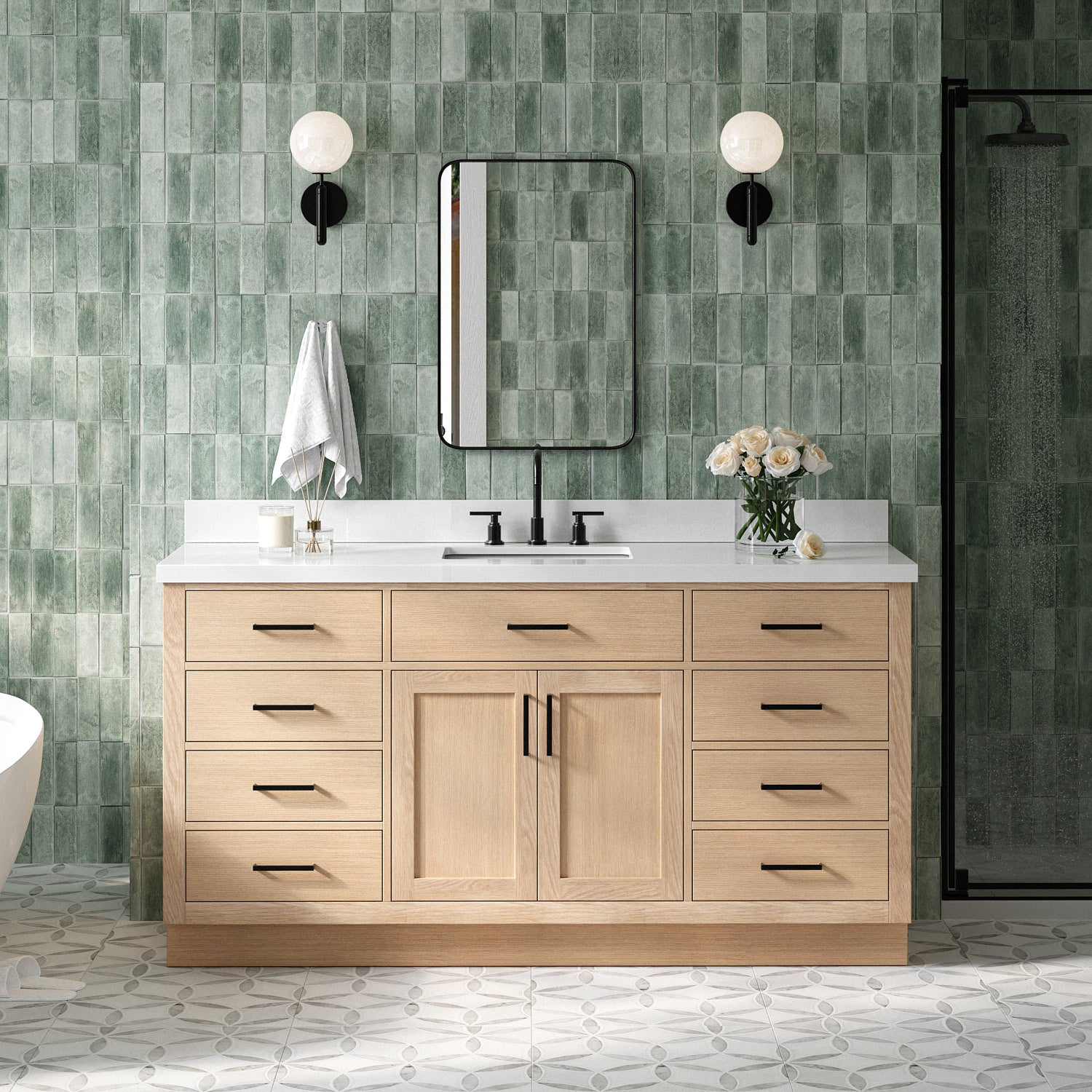 Isabella 66-Inch White Oak bathroom vanity in styled bathroom setting