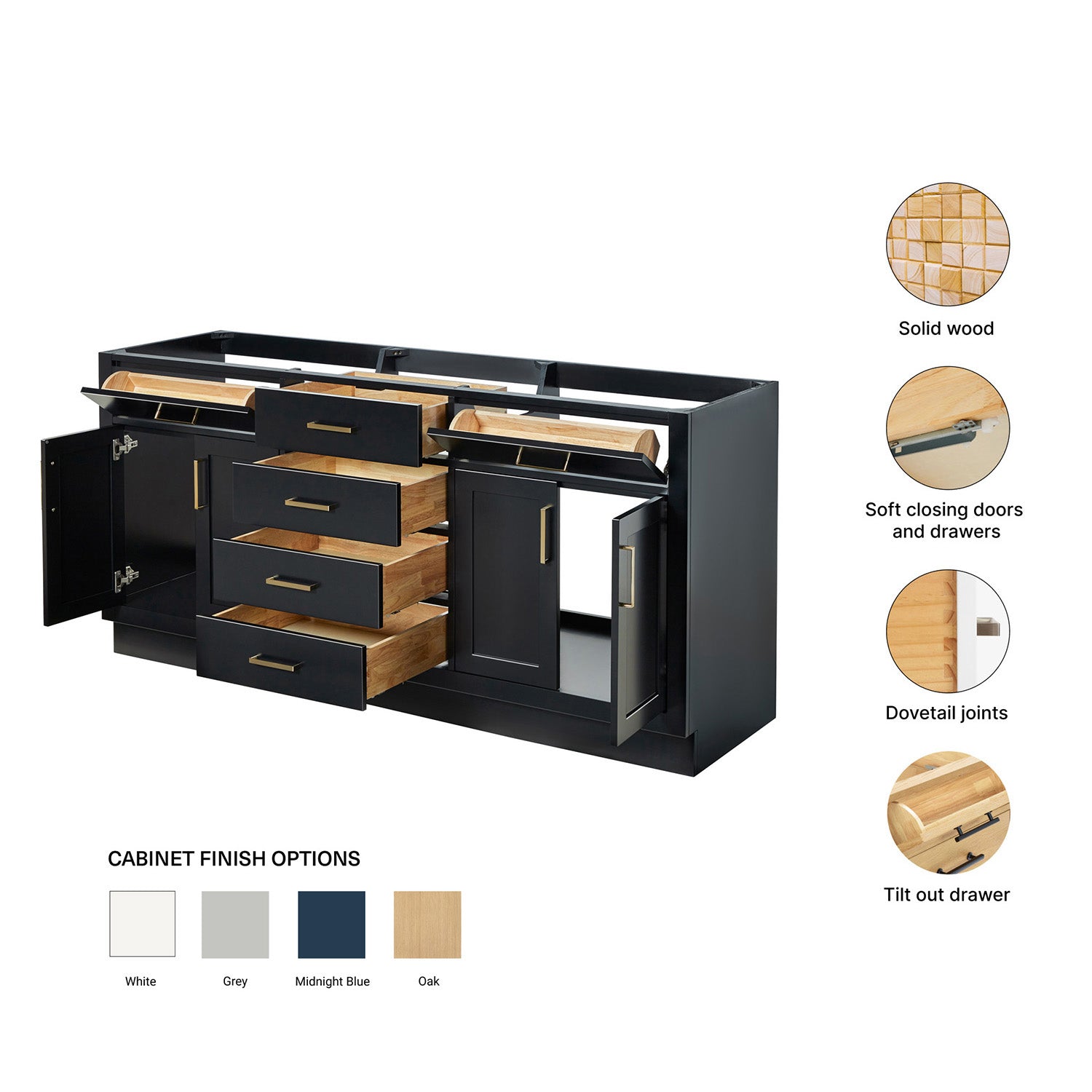 Isabella 72-inch Black base cabinet on feature highlights: solid wood frame, soft-close doors and drawers, Sherwin-Williams paint finish