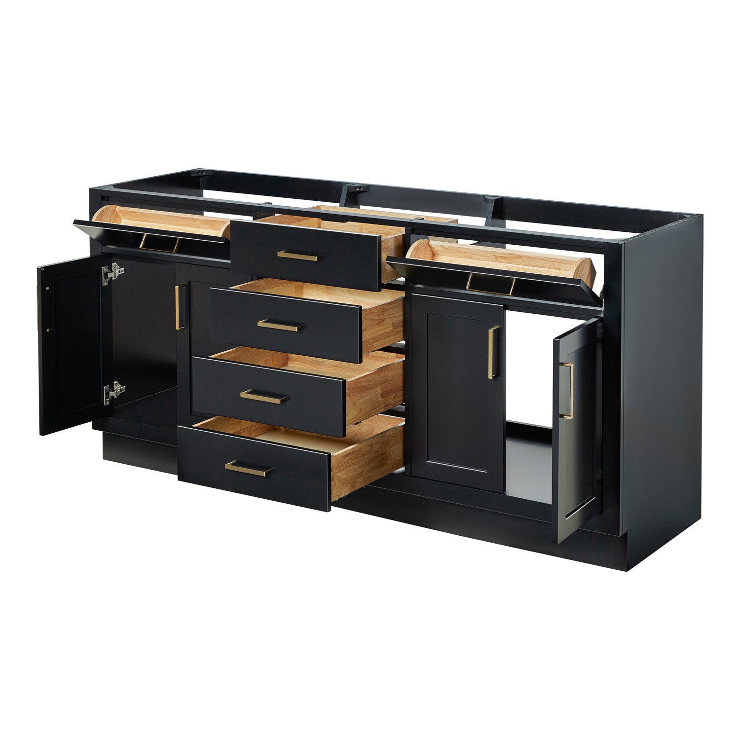 Isabella 72-inch Black base cabinet on white back ground side view open door