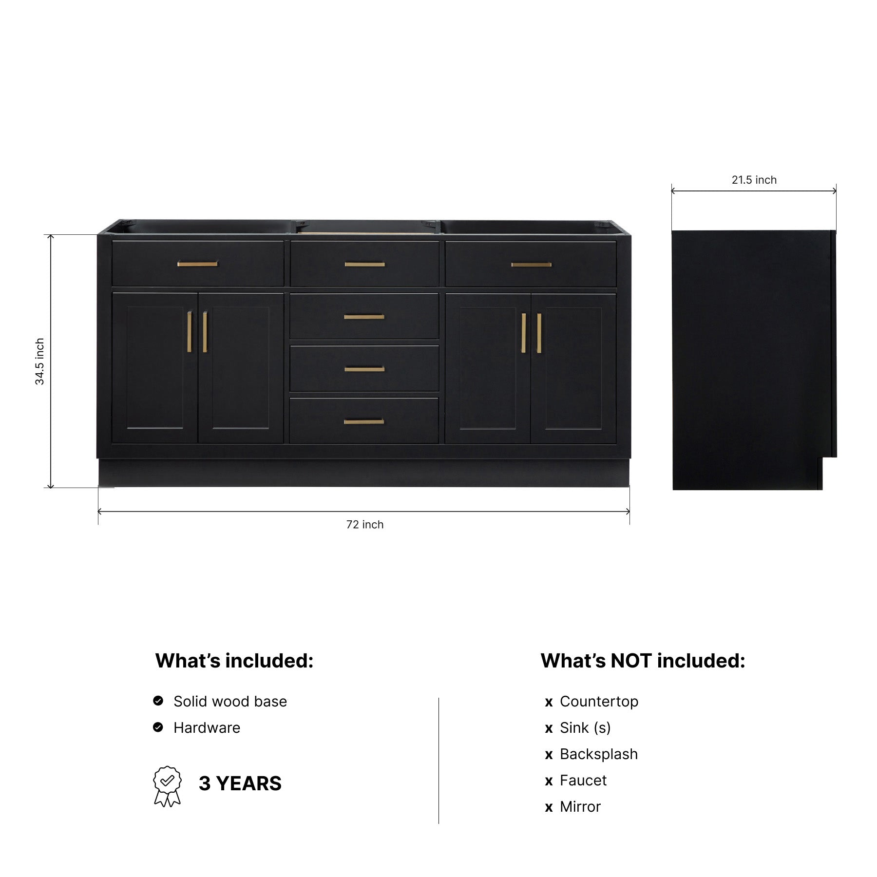Isabella 72-inch Black base cabinet on dimensions