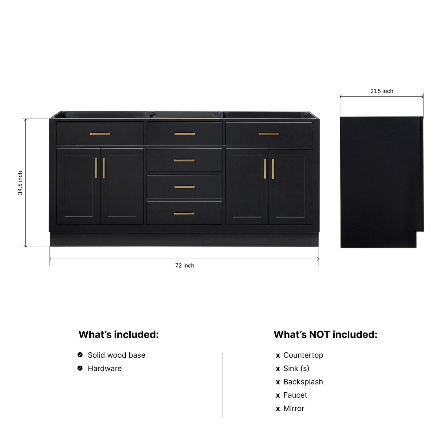 Isabella 72-inch Black base cabinet on dimensions