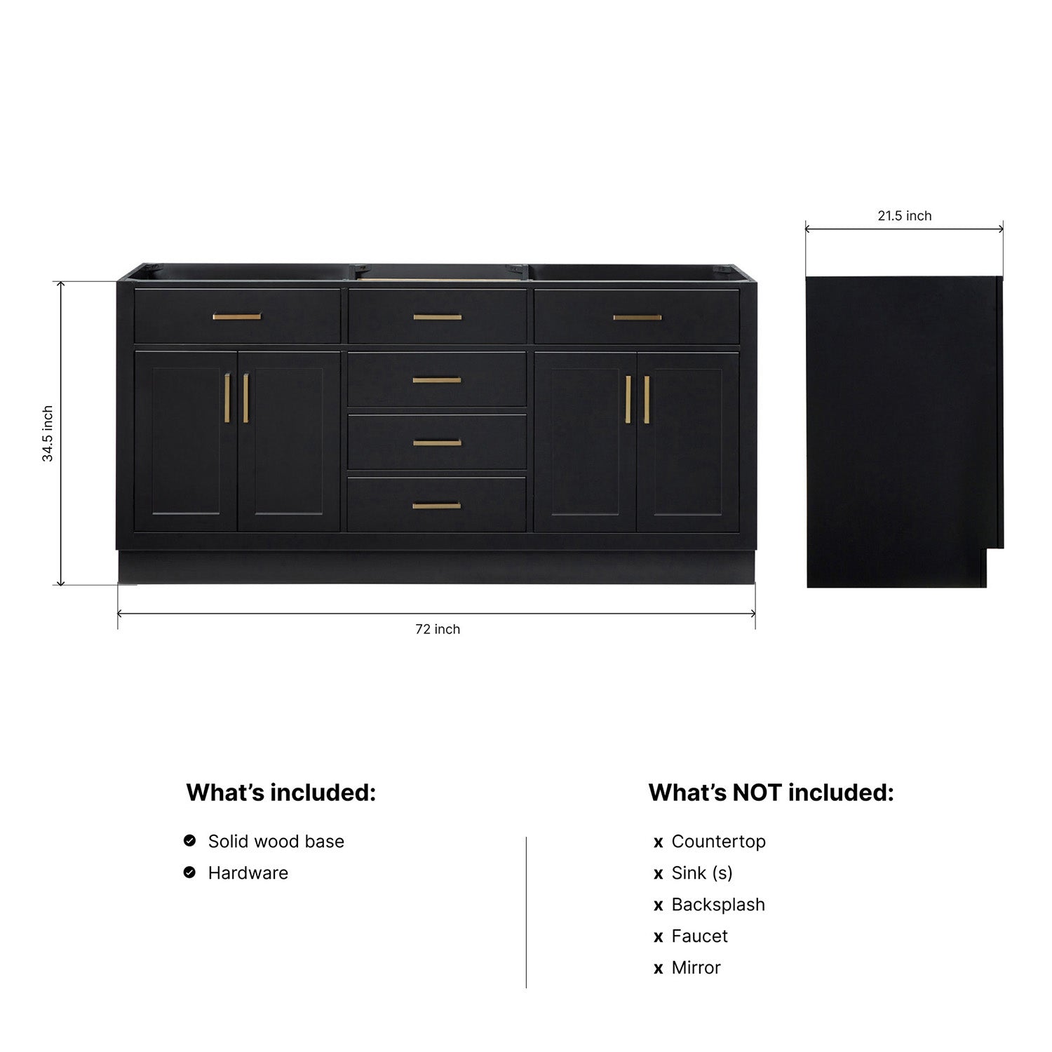 Isabella 72-inch Black base cabinet on dimensions