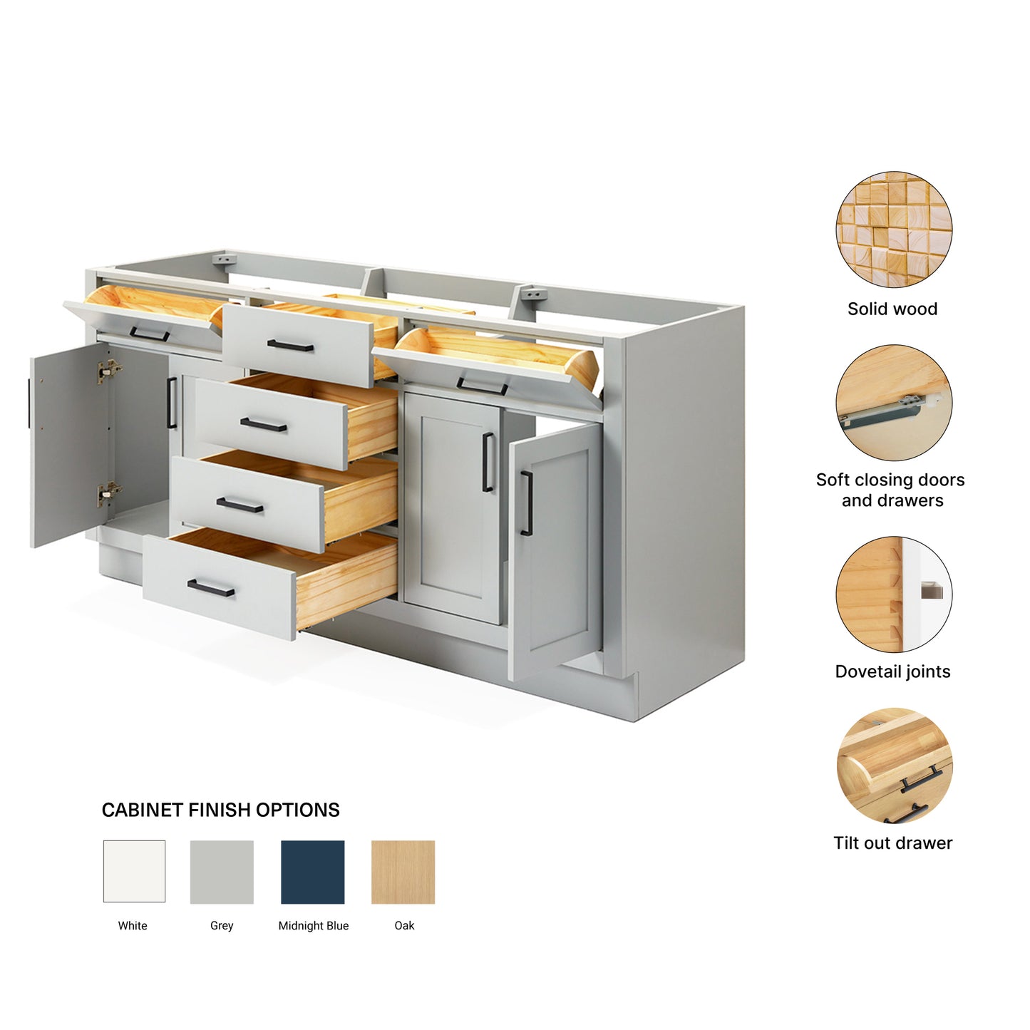Isabella 72-inch Grey base cabinet on feature highlights: solid wood frame, soft-close doors and drawers, Sherwin-Williams paint finish