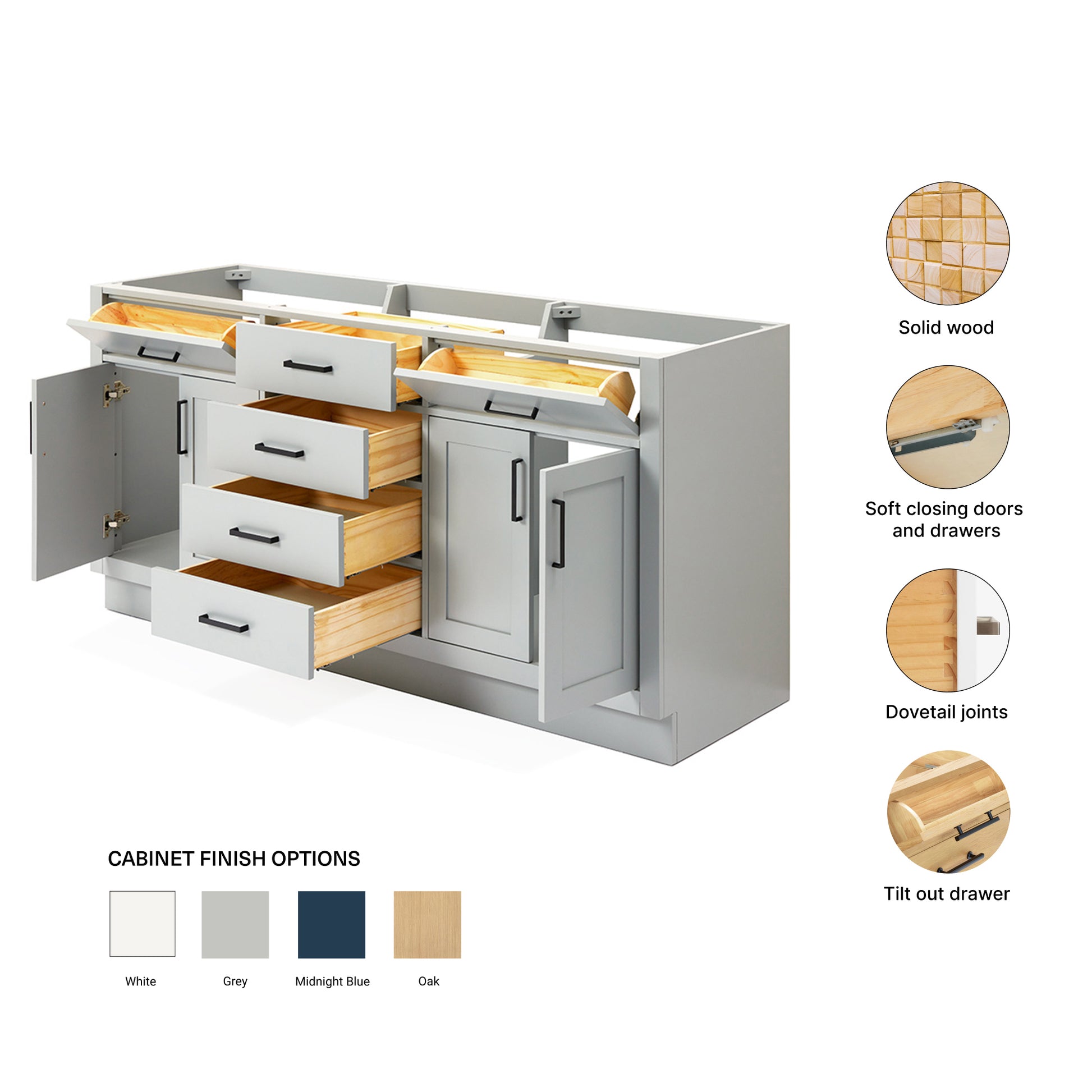 Isabella 72-inch Grey base cabinet on feature highlights: solid wood frame, soft-close doors and drawers, Sherwin-Williams paint finish