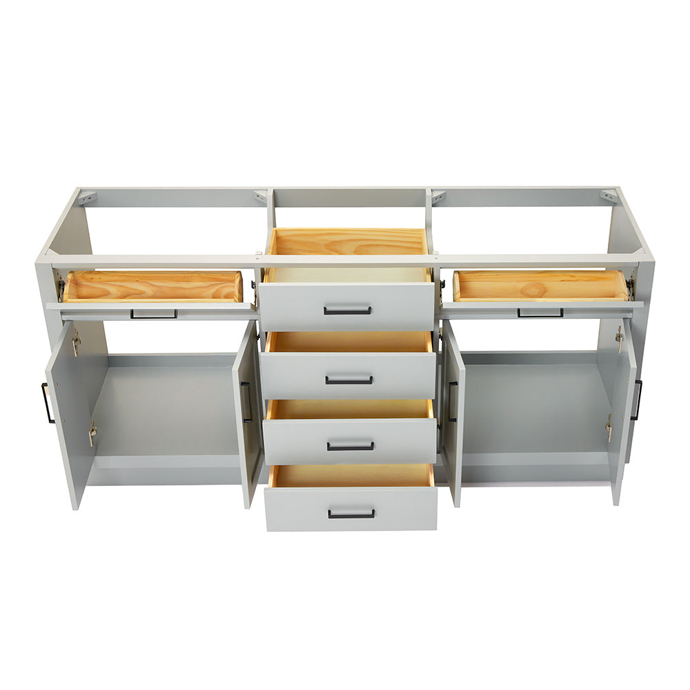 Isabella 72-inch Grey base cabinet on white back ground front view open door