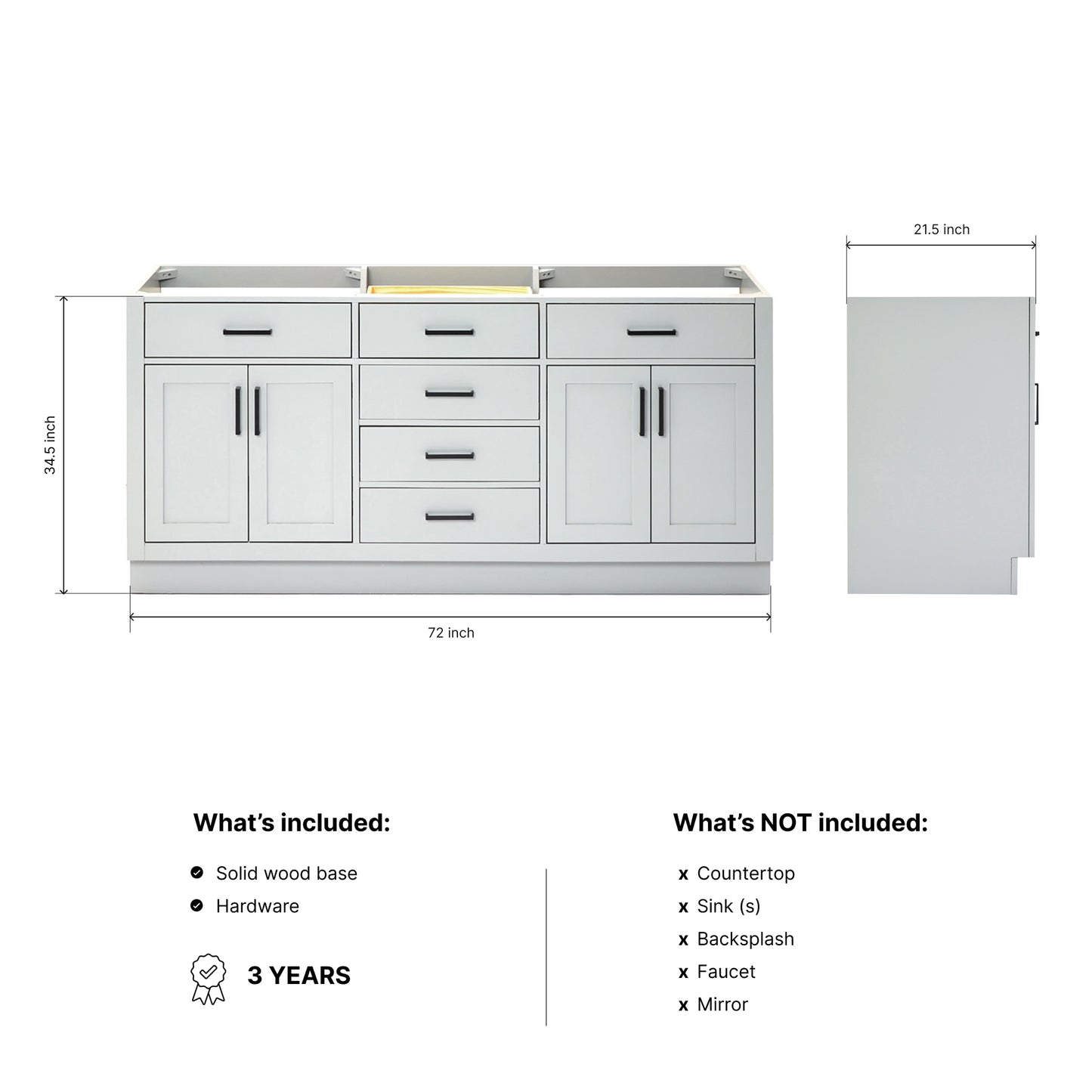 Isabella 72-inch Grey base cabinet on dimensions