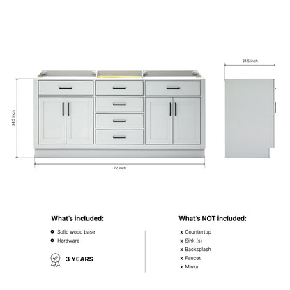 Isabella 72-inch Grey base cabinet on dimensions