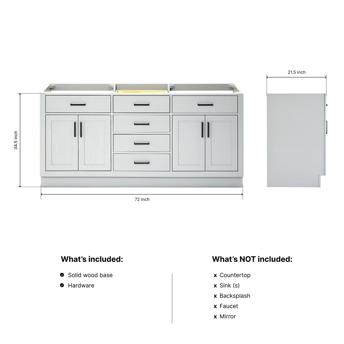 Isabella 72-inch Grey base cabinet on dimensions