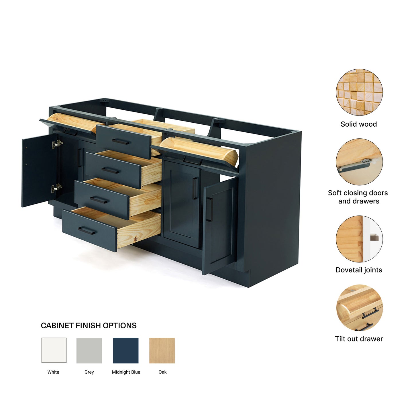 Isabella 72-inch Midnight Blue base cabinet on feature highlights: solid wood frame, soft-close doors and drawers, Sherwin-Williams paint finish