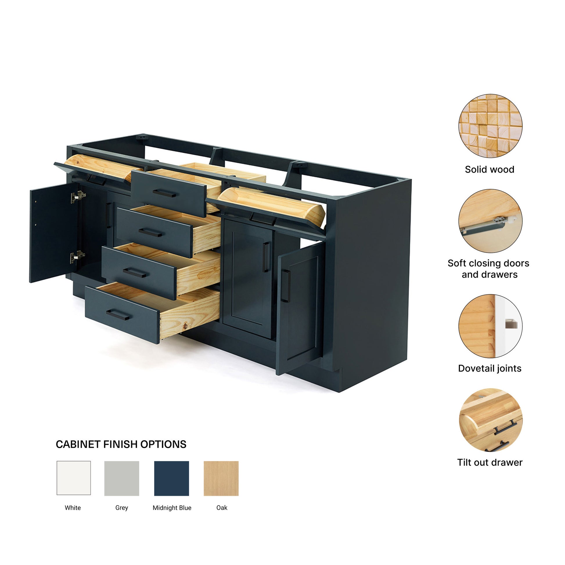 Isabella 72-inch Midnight Blue base cabinet on feature highlights: solid wood frame, soft-close doors and drawers, Sherwin-Williams paint finish
