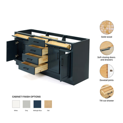 Isabella 72-inch Midnight Blue base cabinet on feature highlights: solid wood frame, soft-close doors and drawers, Sherwin-Williams paint finish