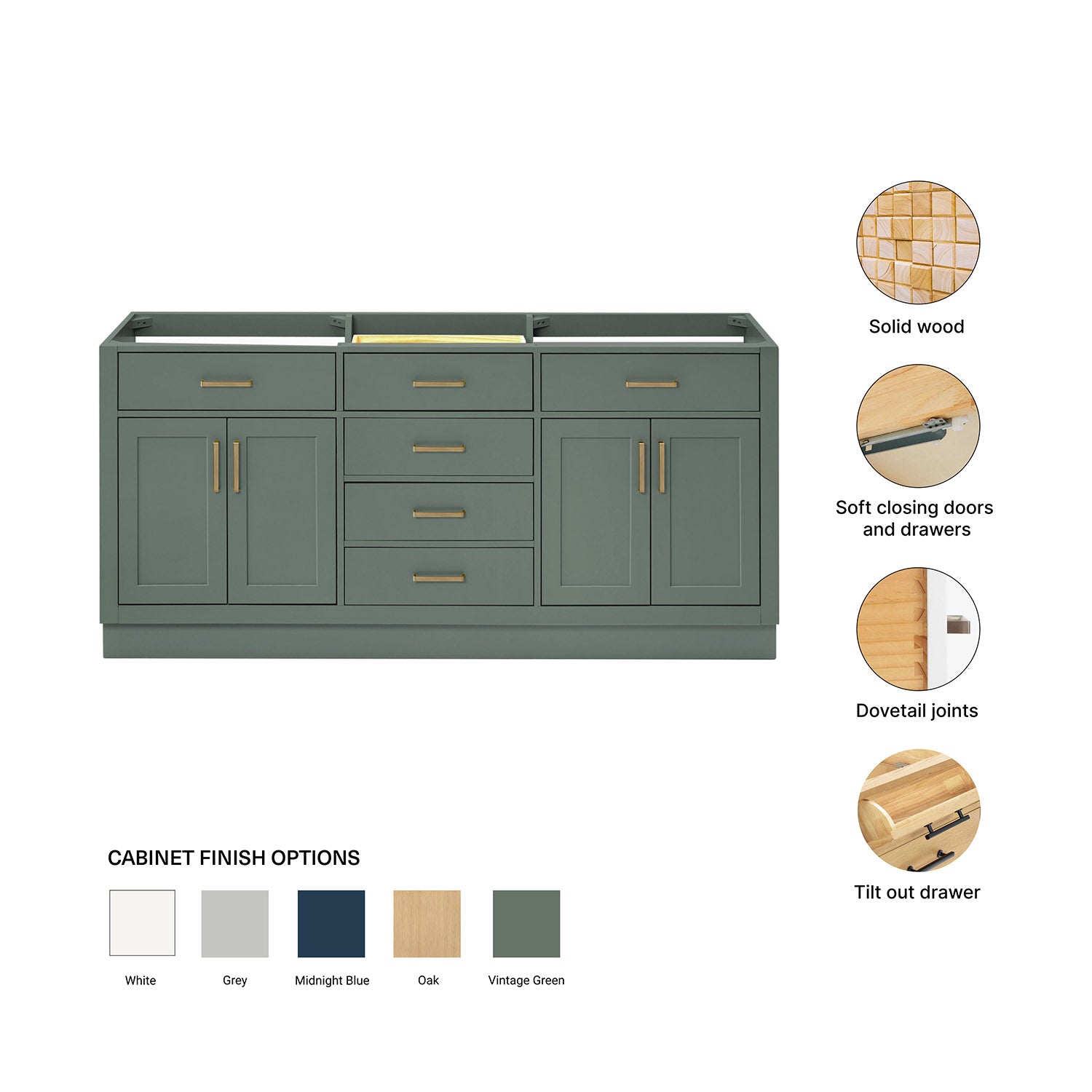 Isabella 72-inch Vintage Green base cabinet on feature highlights: solid wood frame, soft-close doors and drawers, Sherwin-Williams paint finish