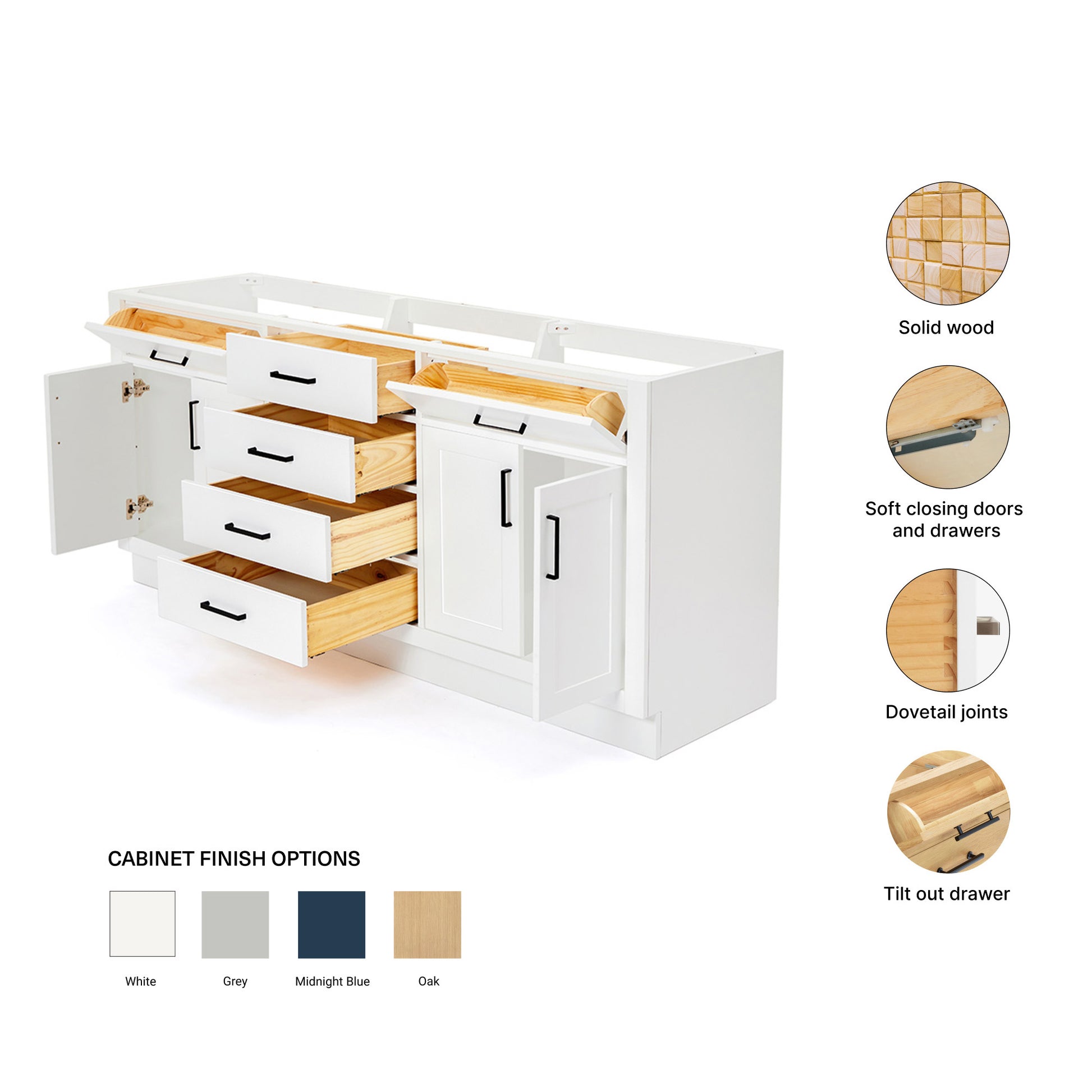 Isabella 72-inch White base cabinet on feature highlights: solid wood frame, soft-close doors and drawers, Sherwin-Williams paint finish