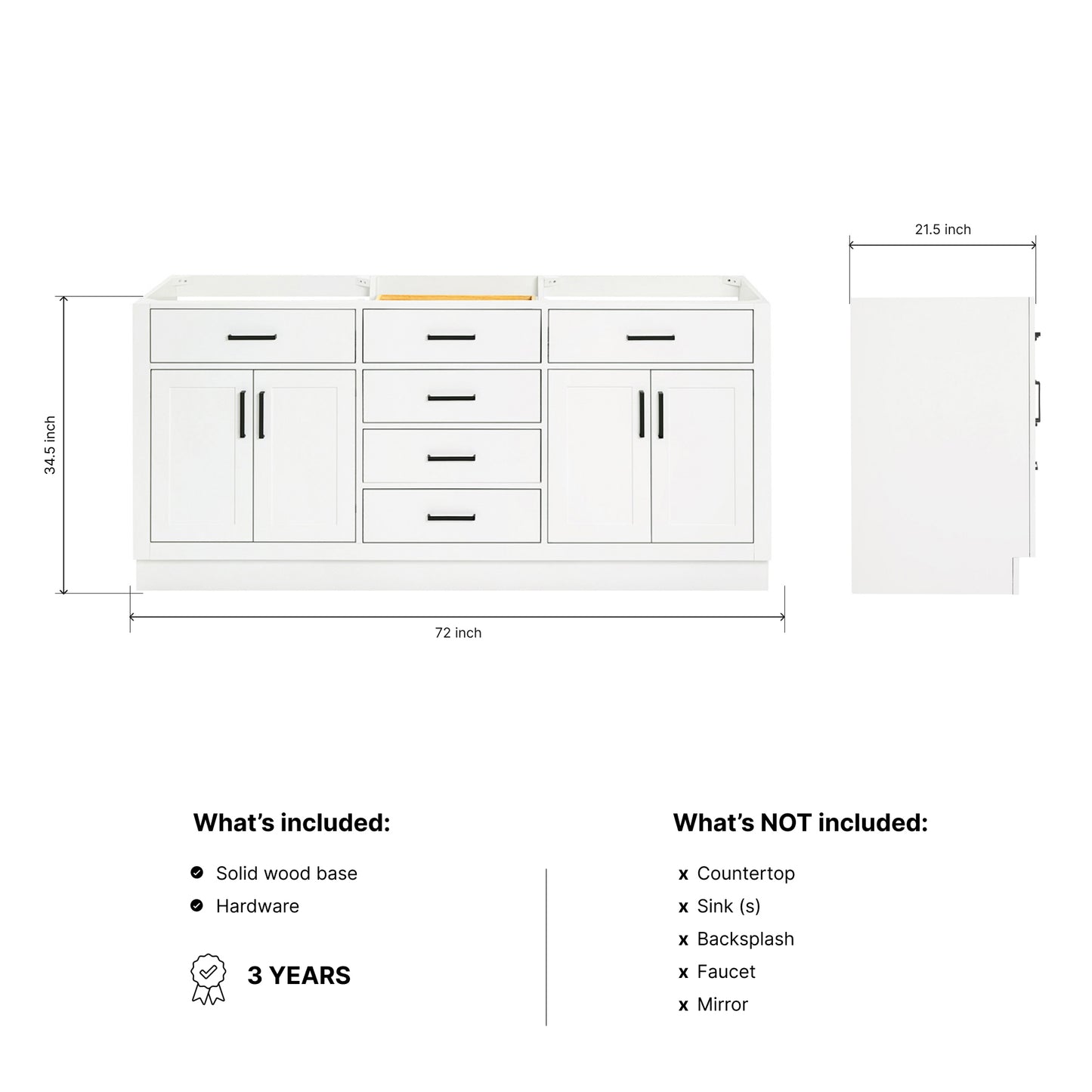 Isabella 72-inch White base cabinet on dimensions