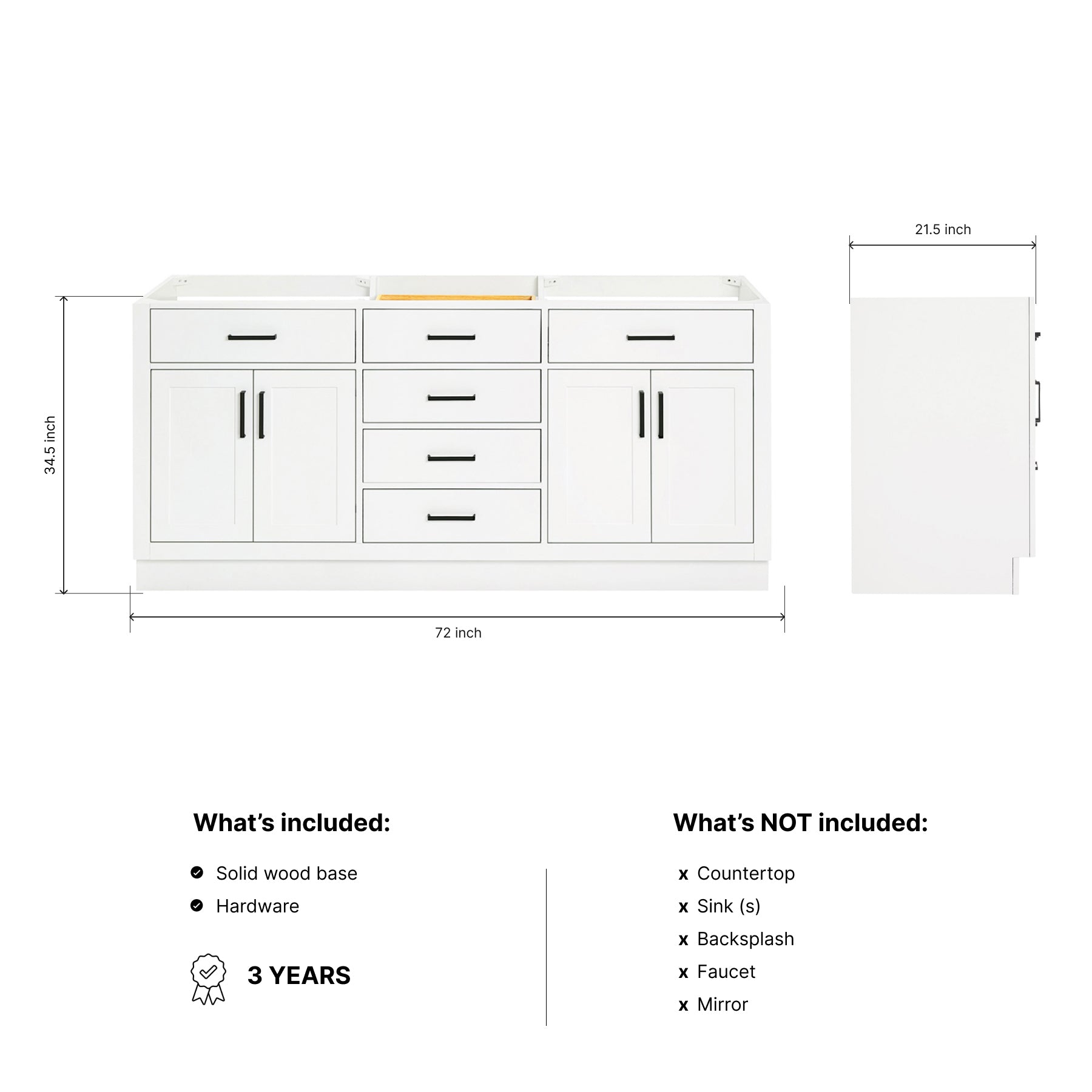 Isabella 72-inch White base cabinet on dimensions