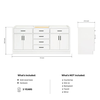 Isabella 72-inch White base cabinet on dimensions