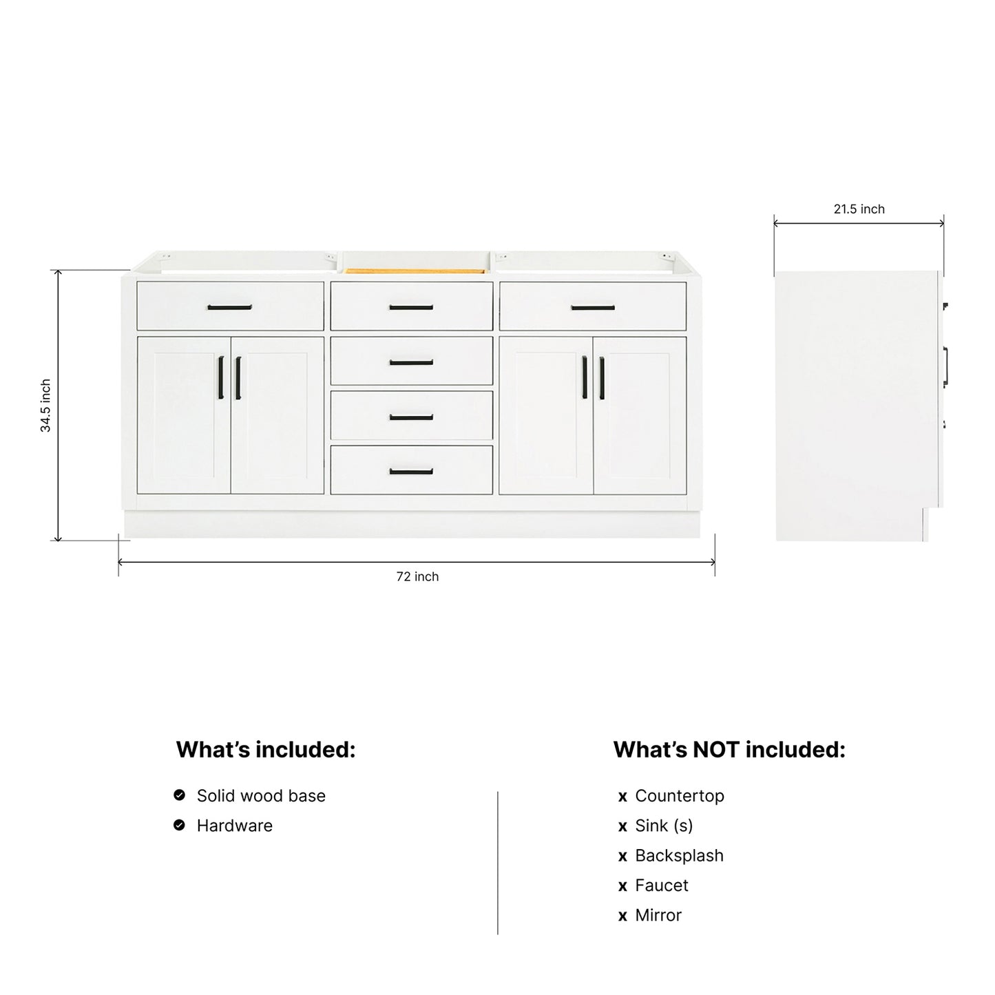Isabella 72-inch White base cabinet on dimensions